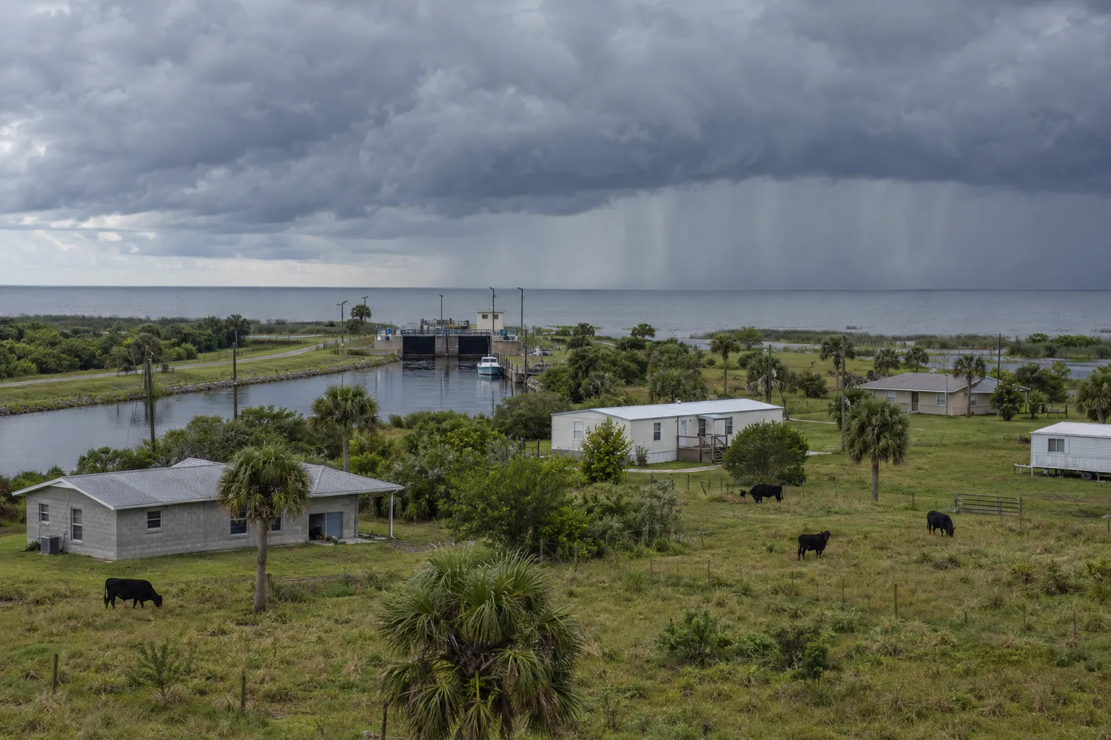 Cattle pasture, cabbage palms and small homes under storm clouds near Lake Okeechobee